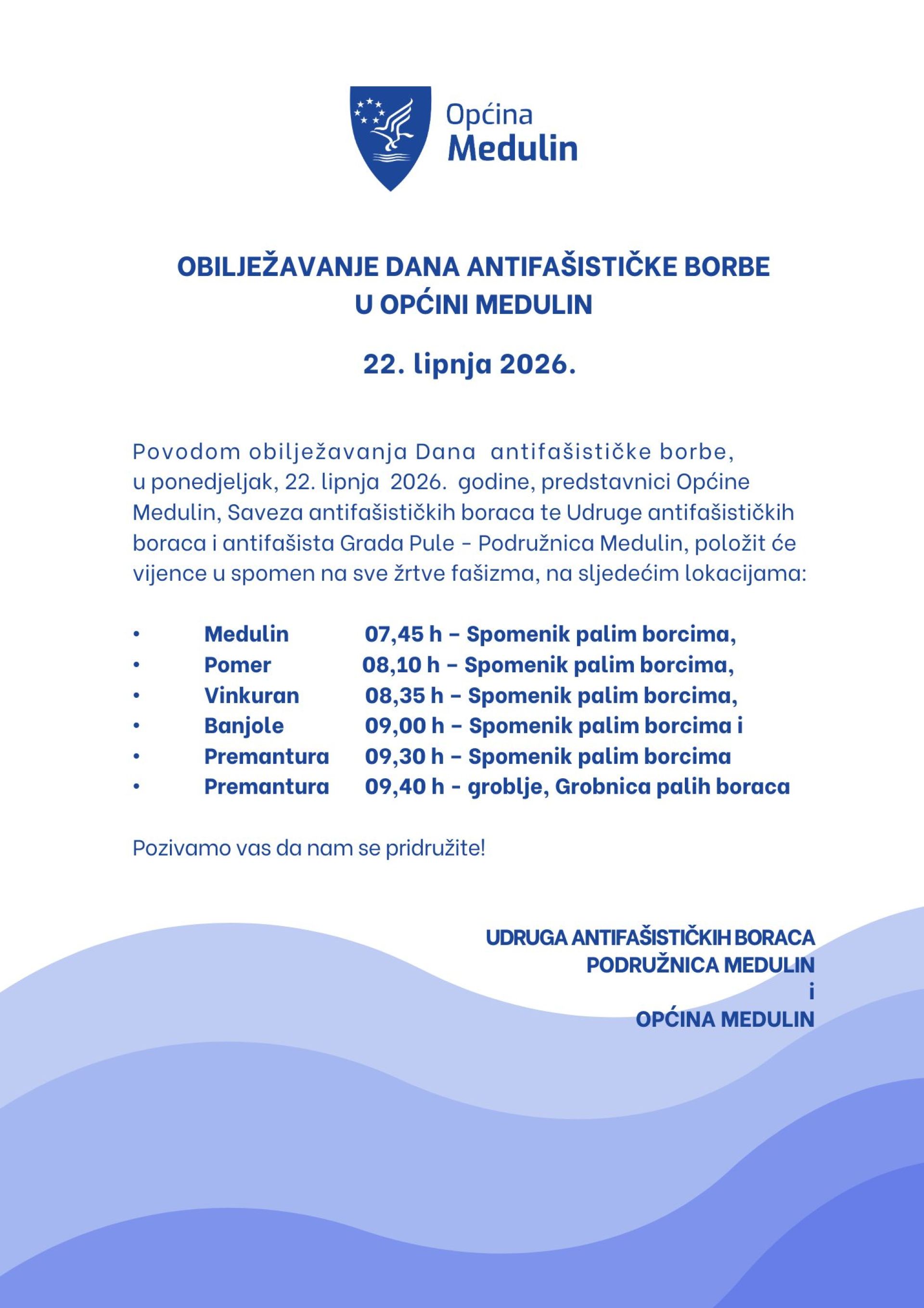 Poziv na obilježavanje Dana antifašističke borbe u Općini Medulin 22. lipnja